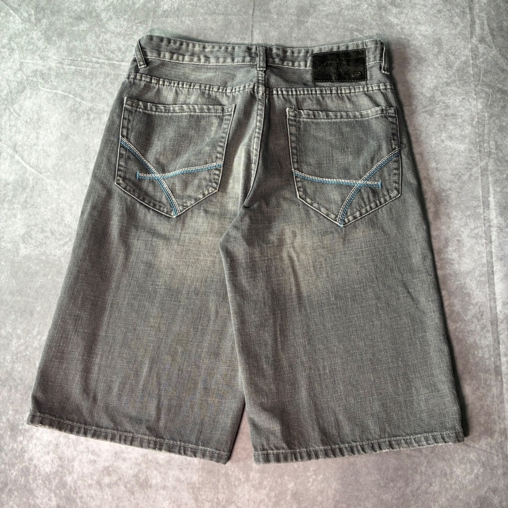 Y2K Ecko Unltd Mens Baggy Denim Shorts Grey Embroidered W32 Long Relaxed Fit
